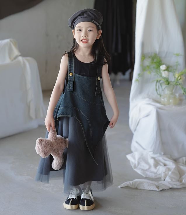 Denim Mesh Suspender Maxi Dress