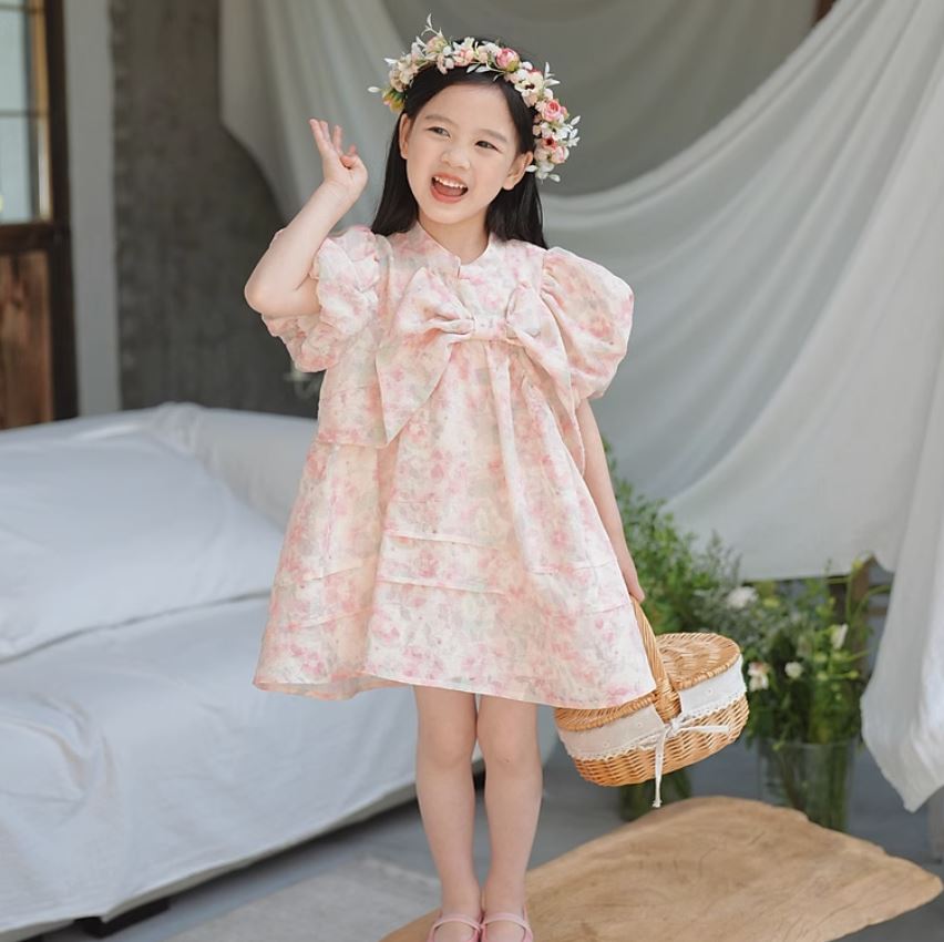 Front Bow Puff Sleeves Cheongsam Dress