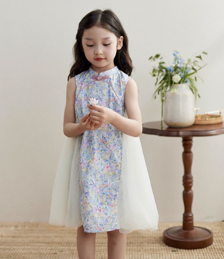 Spliced Side Mesh Cheongsam Dress - Ivory