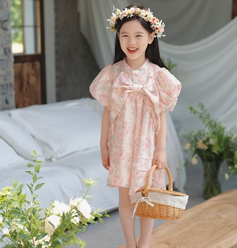 Front Bow Puff Sleeves Cheongsam Dress