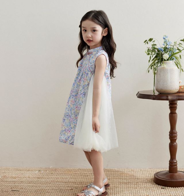 Spliced Side Mesh Cheongsam Dress - Ivory