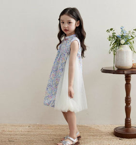 Spliced Side Mesh Cheongsam Dress - Ivory