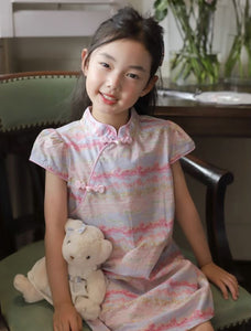 Cap Sleeves Pink Cheongsam Dress