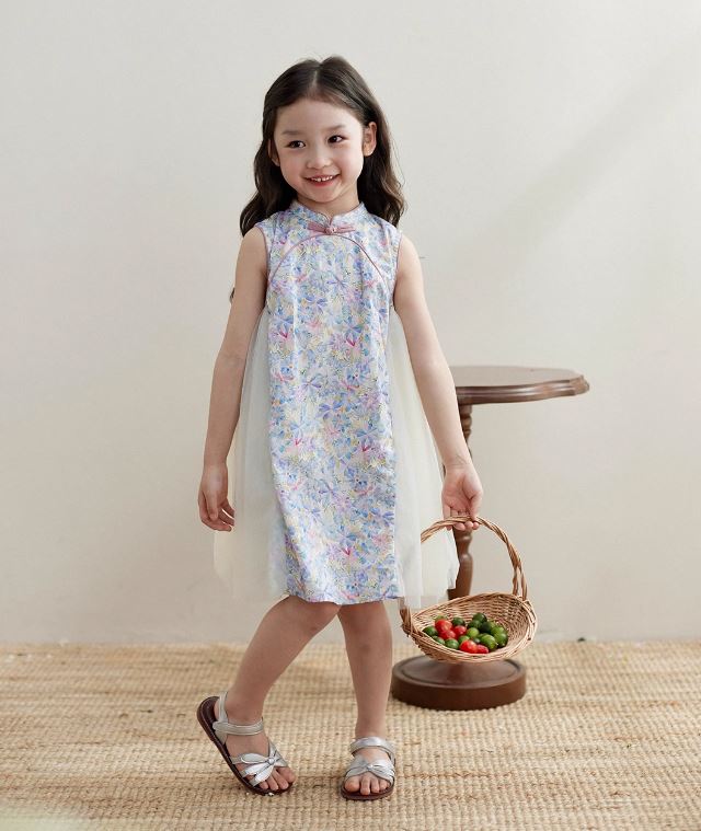 Spliced Side Mesh Cheongsam Dress - Ivory