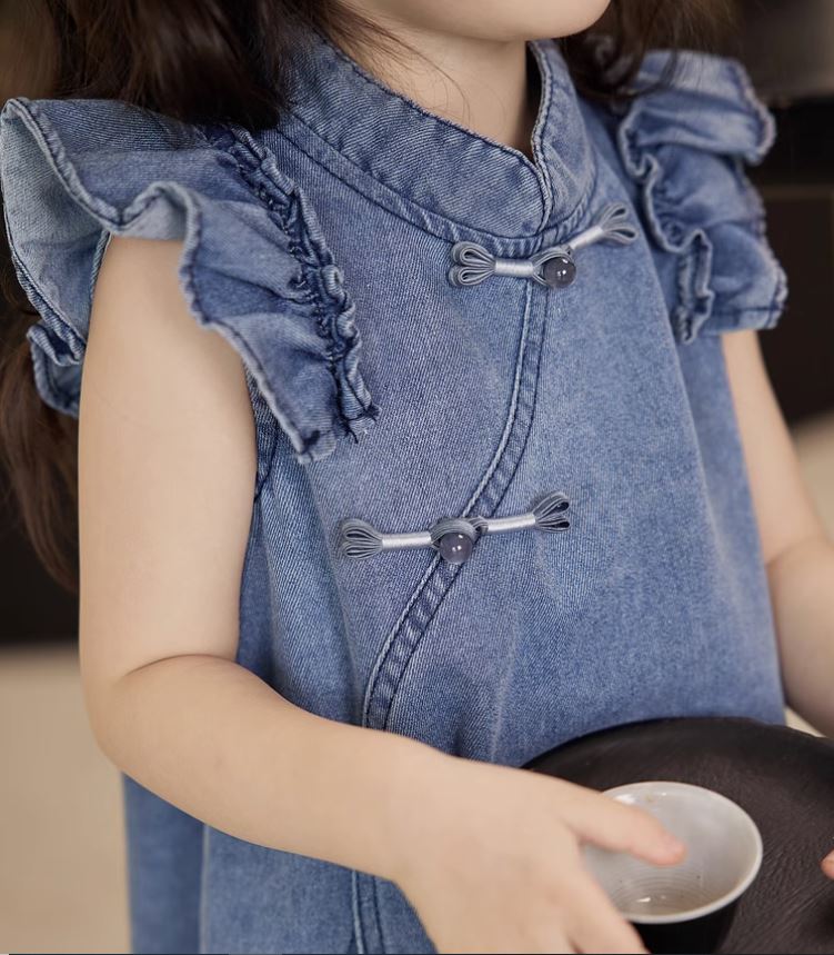 Denim Flutter Sleeves Cheongsam Dress