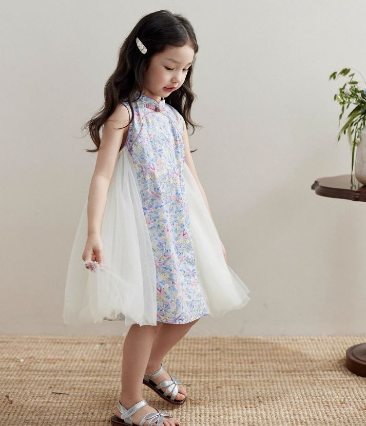 Spliced Side Mesh Cheongsam Dress - Ivory