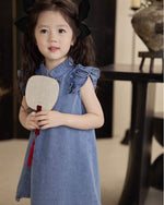 Load image into Gallery viewer, Denim Flutter Sleeves Cheongsam Dress
