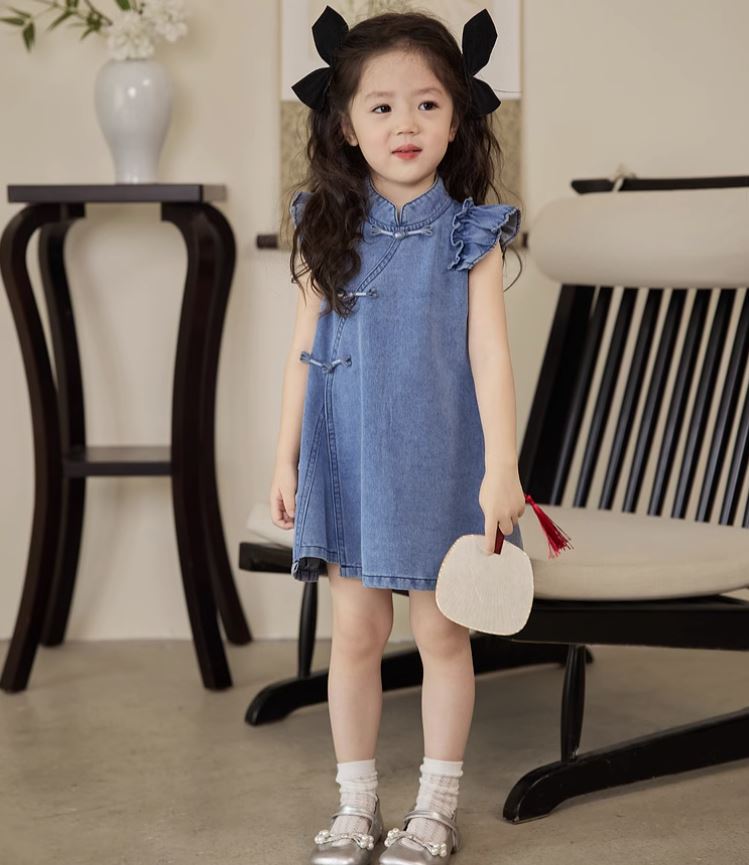 Denim Flutter Sleeves Cheongsam Dress