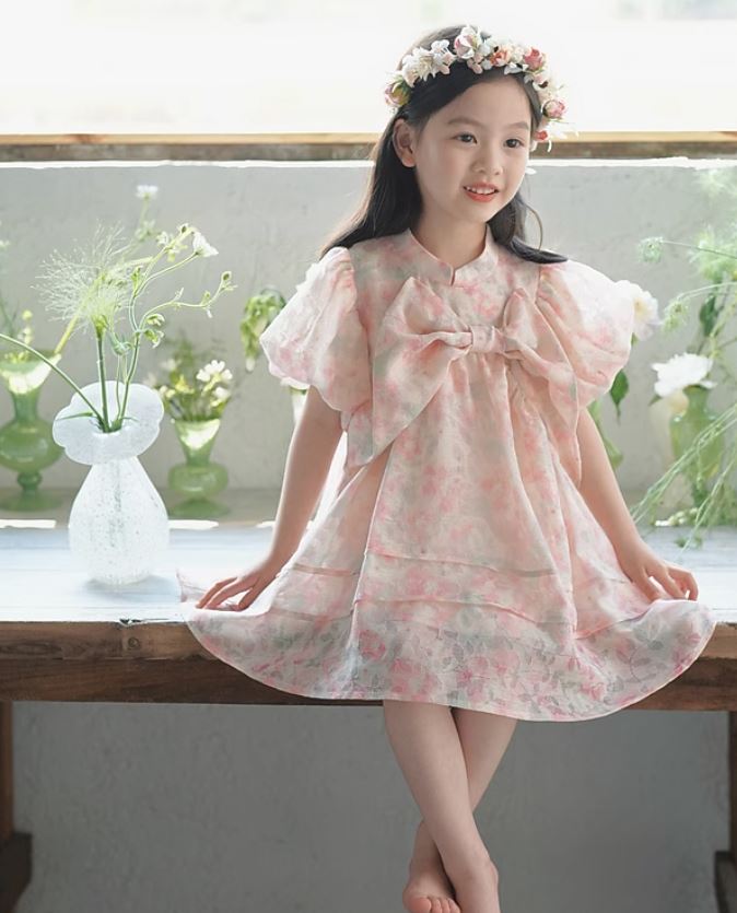 Front Bow Puff Sleeves Cheongsam Dress