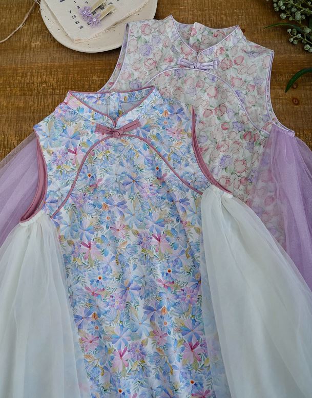 Spliced Side Mesh Cheongsam Dress - Ivory