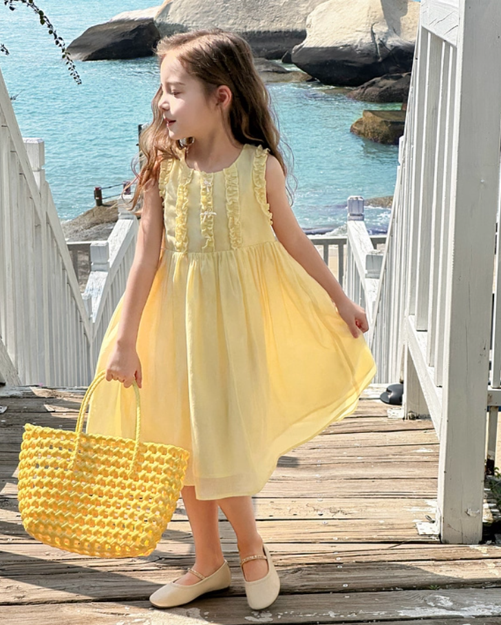 [Preorder] Pleated Lace Yellow Vest Dress