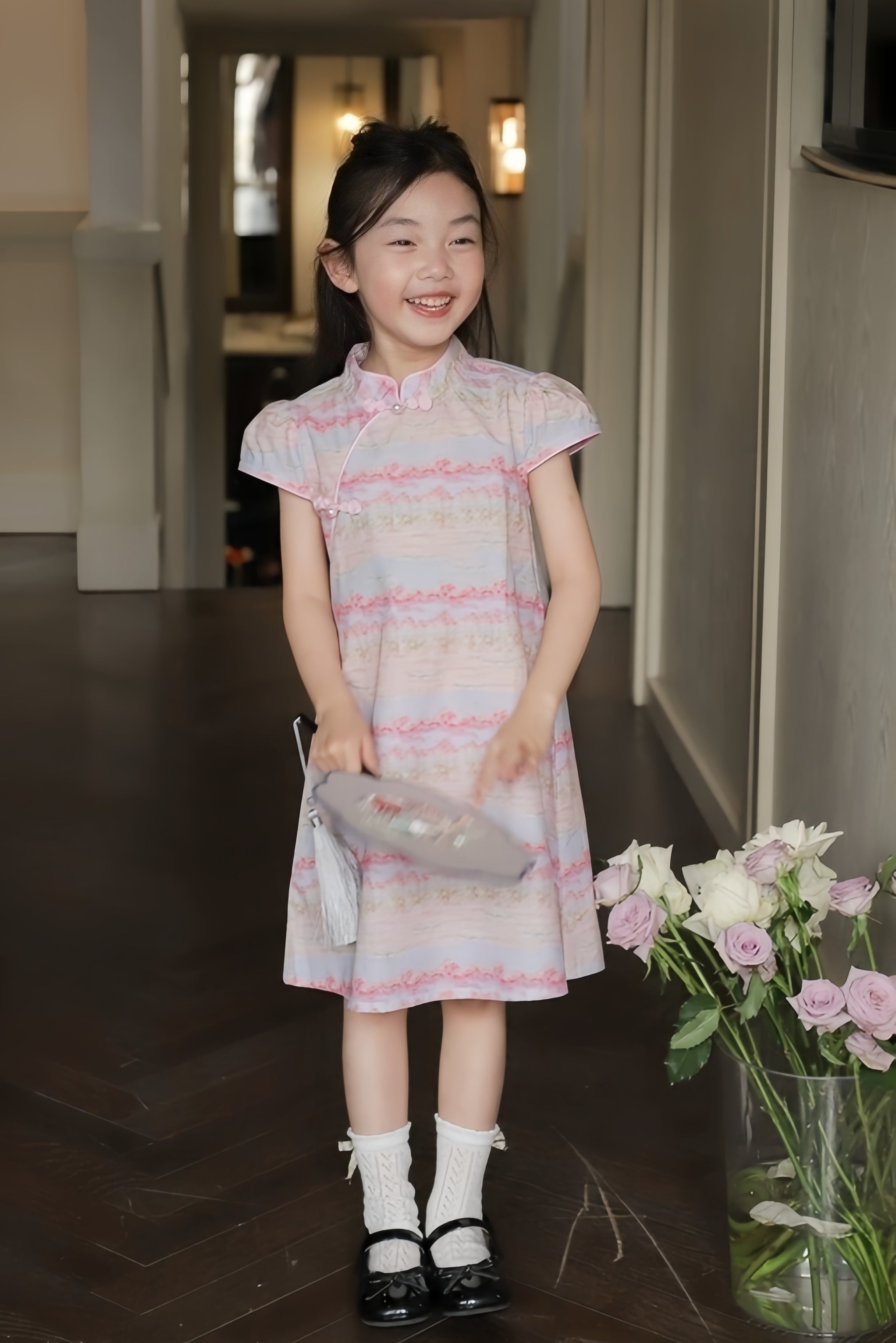 Cap Sleeves Pink Cheongsam Dress