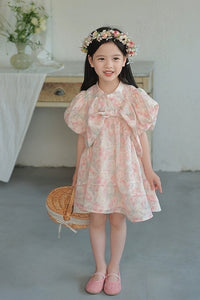 Front Bow Puff Sleeves Cheongsam Dress