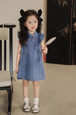 Load image into Gallery viewer, Denim Flutter Sleeves Cheongsam Dress
