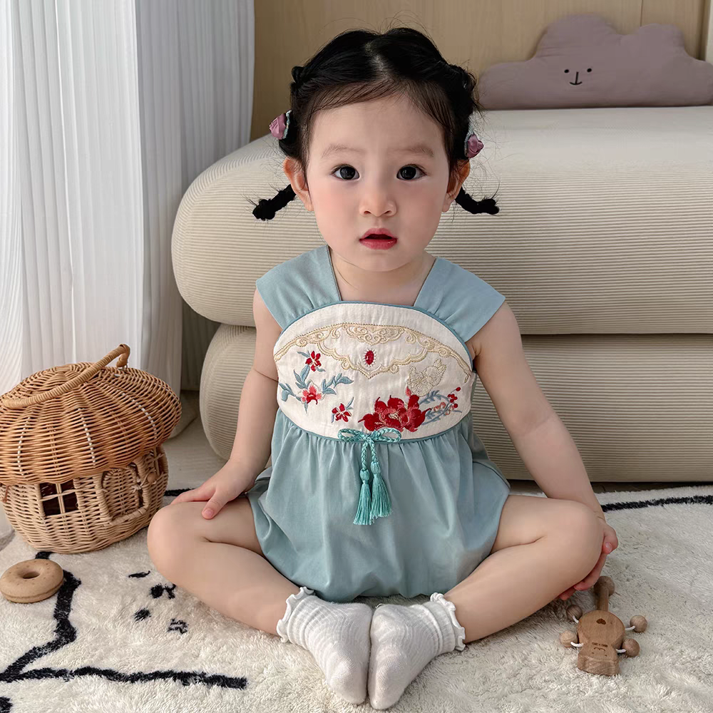 Ribbon Tie Embroidery Cheongsam Romper