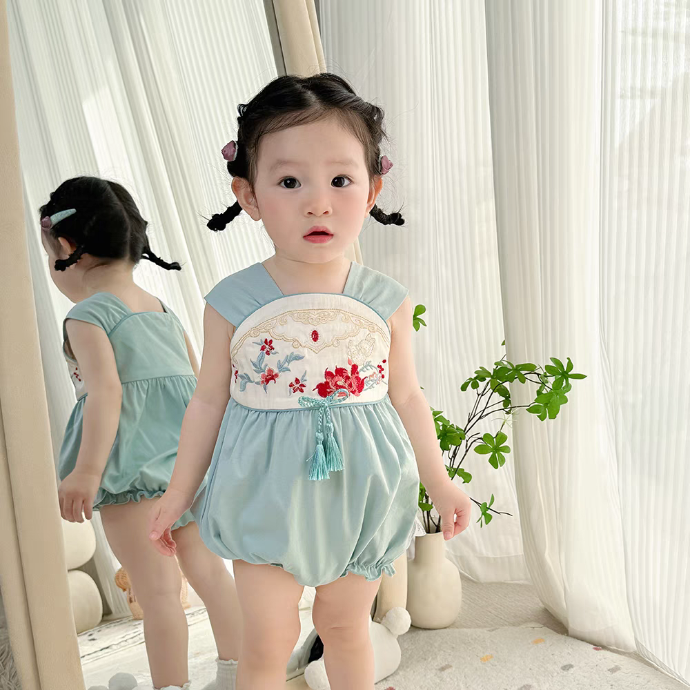 Ribbon Tie Embroidery Cheongsam Romper