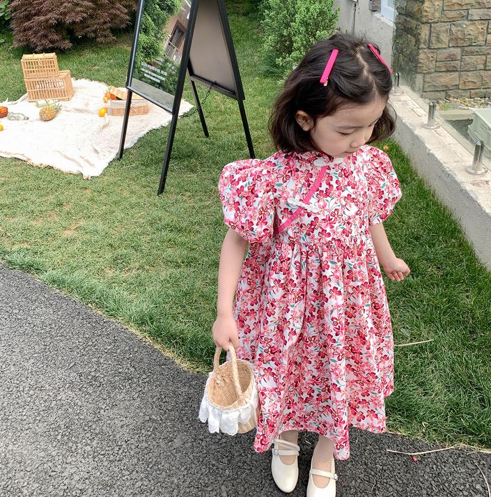 Floral Puff Sleeves Cheongsam Dress