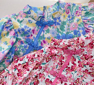 Floral Puff Sleeves Cheongsam Dress