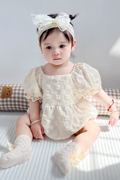 [Preorder] Puff Sleeves Grid Baby Romper