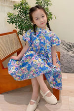 Load image into Gallery viewer, Floral Puff Sleeves Cheongsam Dress
