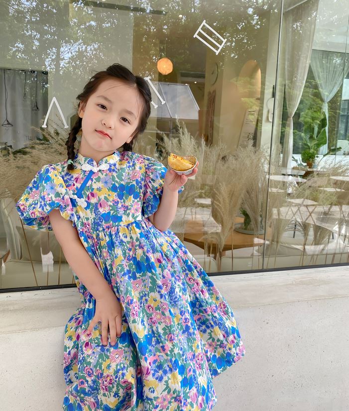 Floral Puff Sleeves Cheongsam Dress