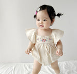 Load image into Gallery viewer, Baby Flutter Sleeves Beige Romper
