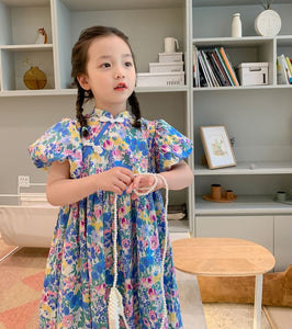 Floral Puff Sleeves Cheongsam Dress